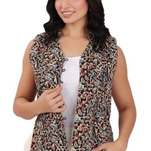 Janasya Women's Pure Cotton Block Printed Regular Vest Jacket